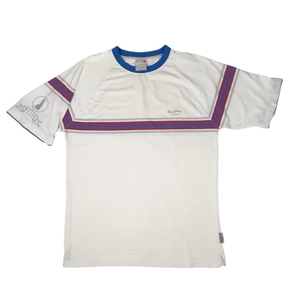 Pepe Jeans London T-Shirt Mens 2XL White Retro Soccer Stripe Graphic Tee Y2K